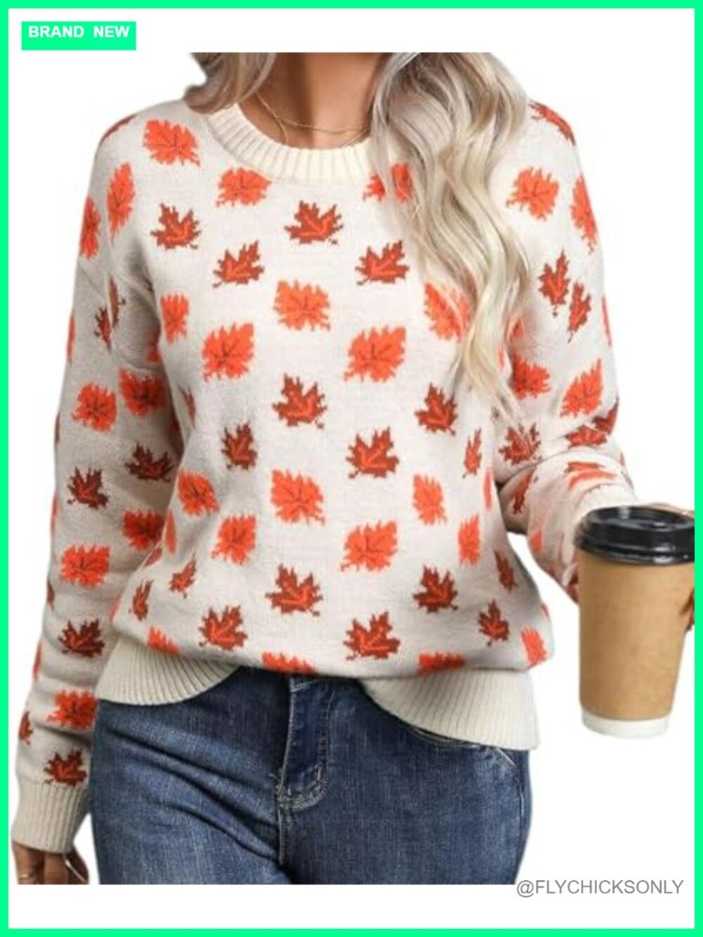 Women's Fall Leaf Jacquard Knit Pullover Sweater Crew Neck Long Sleeve